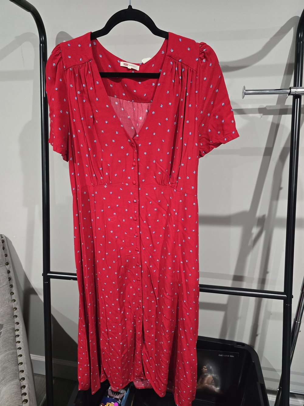 Levi's Red Short-Sleeve Button-Front Maxi Dress with Tiny White Floral Print